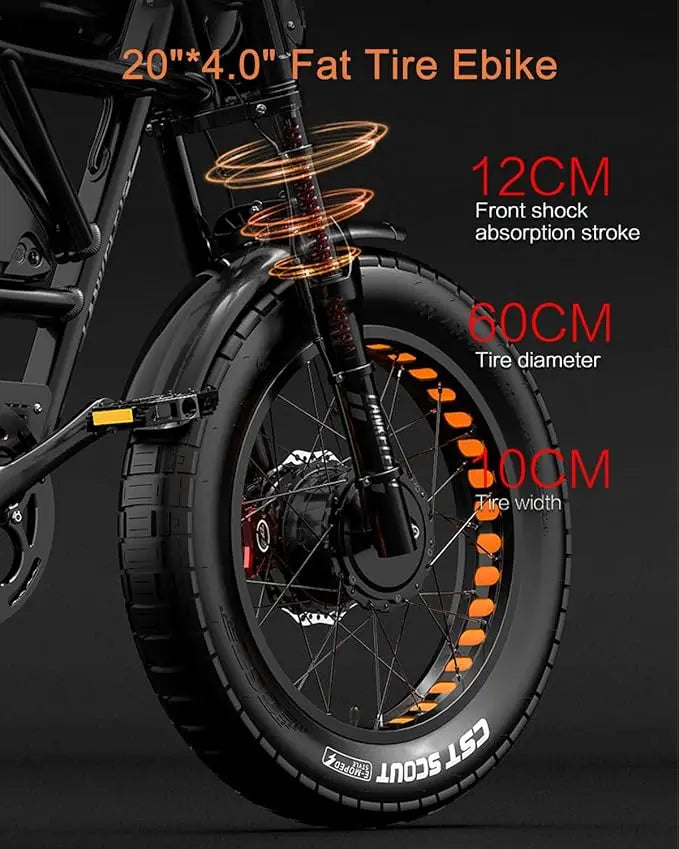 Ebike 2000W 48V 45Ah, 35 MPH Dual Motor Dual Battery, 20 Fat Tire Full Suspension, Upp till 173Miles