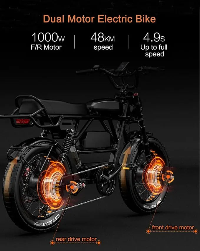Ebike 2000W 48V 45Ah, 35 MPH Dual Motor Dual Battery, 20 Fat Tire Full Suspension, Upp till 173Miles