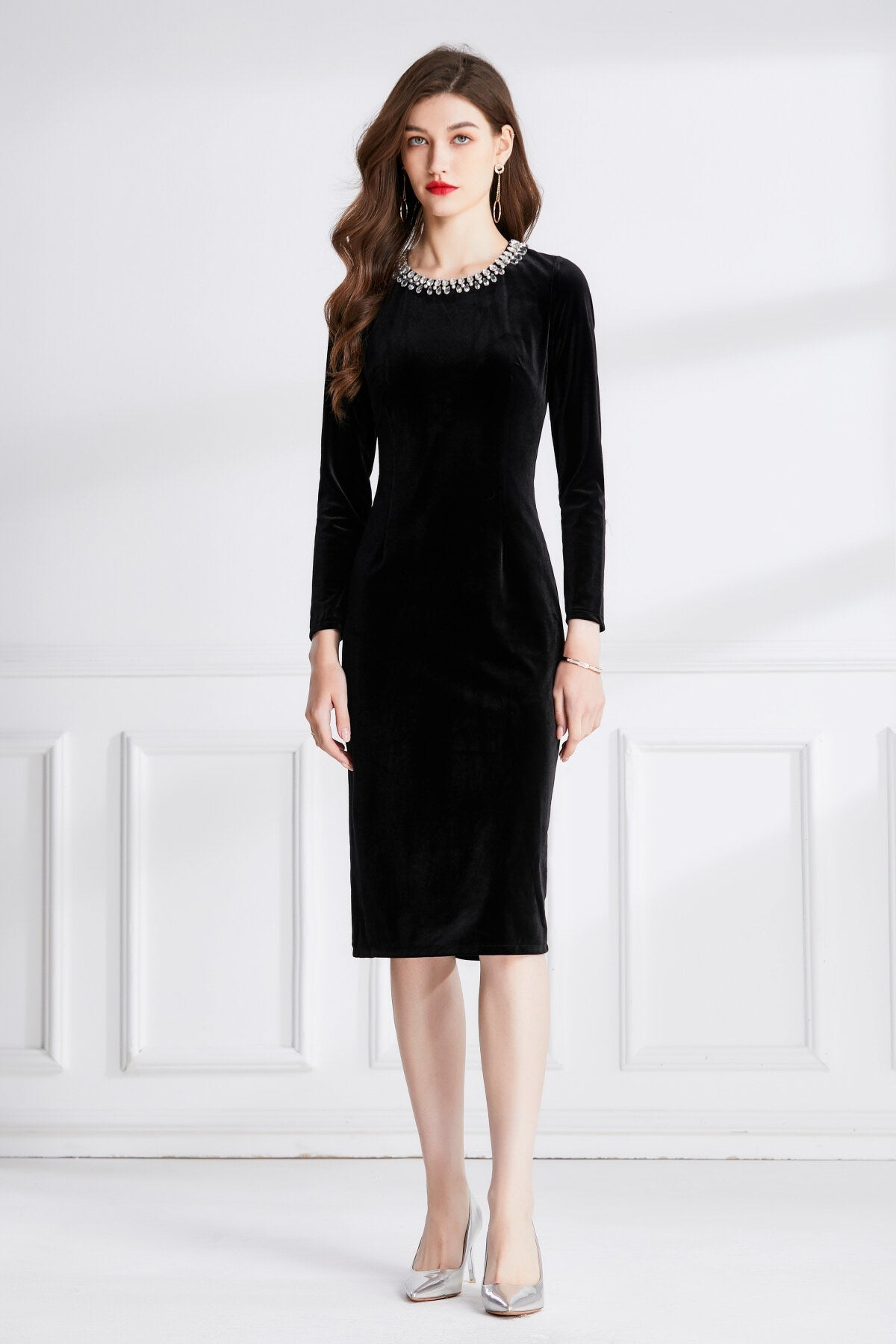 Beaded Vintage High Waist Slit Black Velvet Maxi Dress