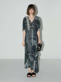 Black and Grey Tie-Dye Print Chiffon Dress