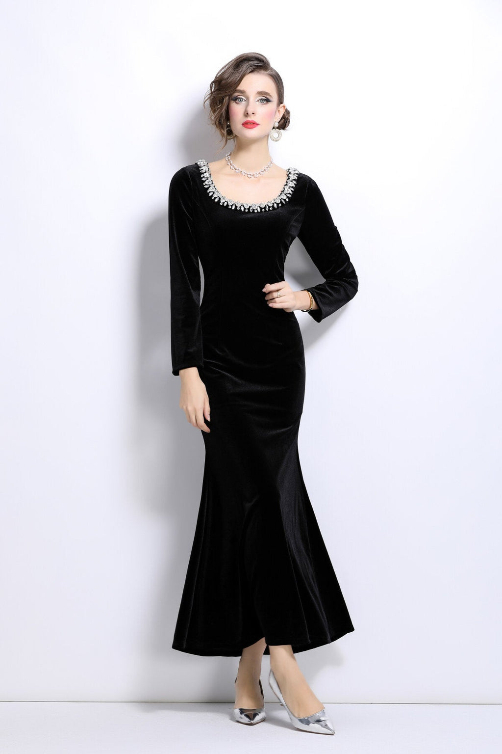 Black Velvet Vintage Fishtail Dress
