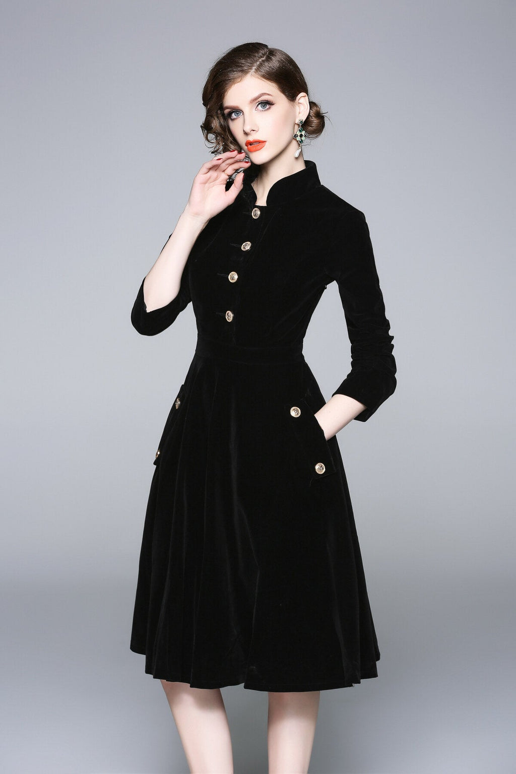 Black Velvet Vintage Stand Collar Fit and Flare Dress