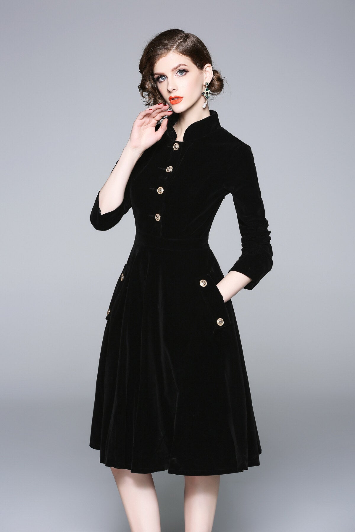 Black Velvet Vintage Stand Collar Fit and Flare Dress