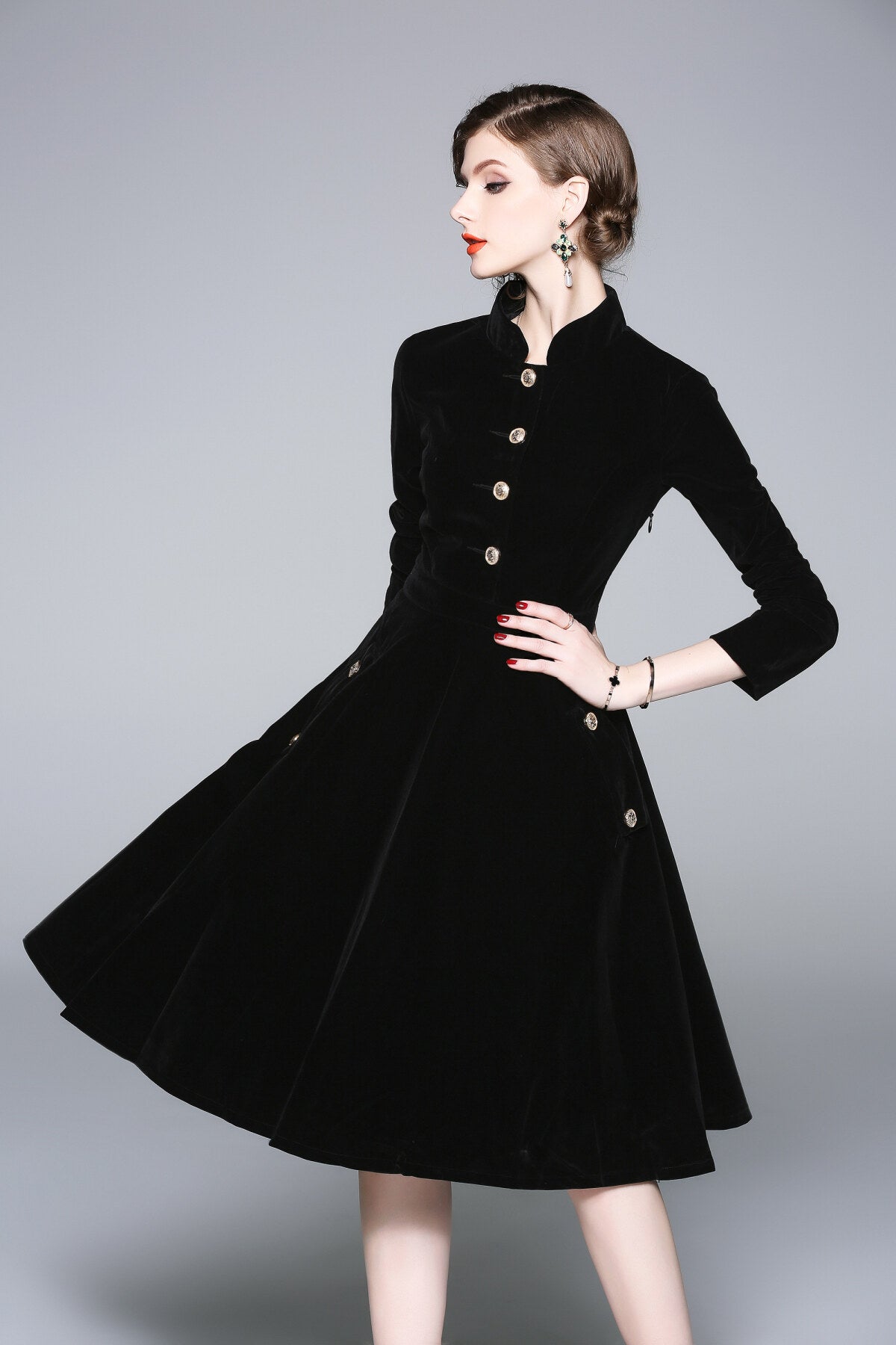 Black Velvet Vintage Stand Collar Fit and Flare Dress