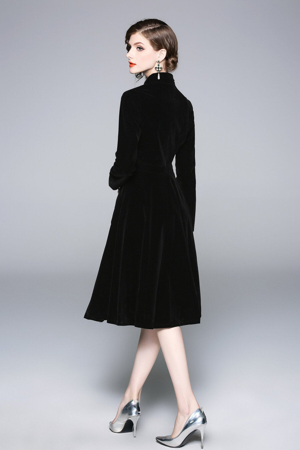 Black Velvet Vintage Stand Collar Fit and Flare Dress