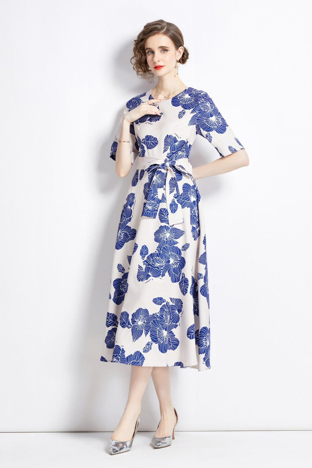 Porcelain Blue Vintage Print Waist Cinching Midi Dress
