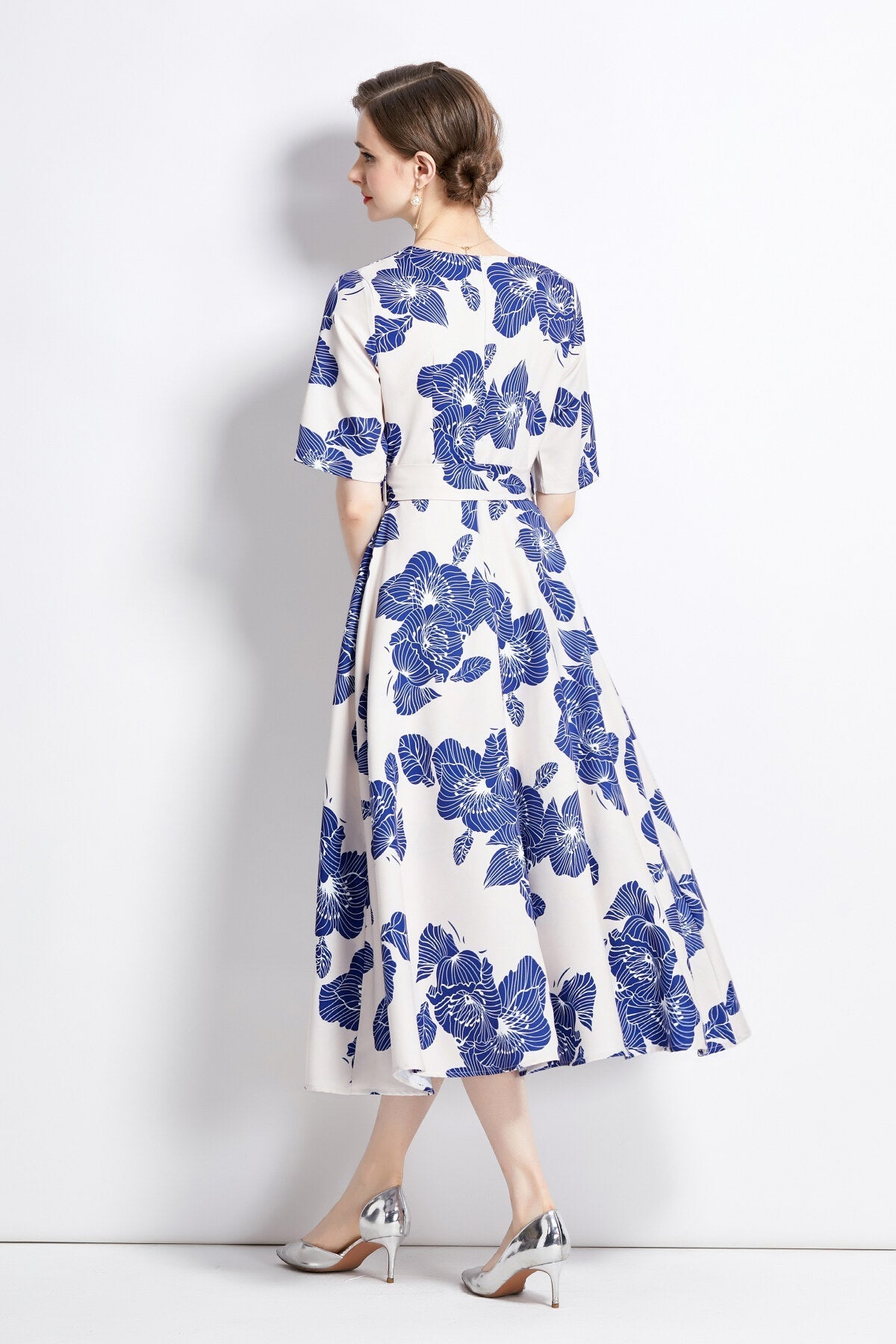Porcelain Blue Vintage Print Waist Cinching Midi Dress