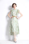 Ruffled Short Sleeve Belted Mint Green Midi Dress