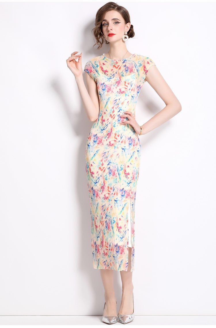 Short Sleeve Double Layer Sheer Rainbow See Through Dress
