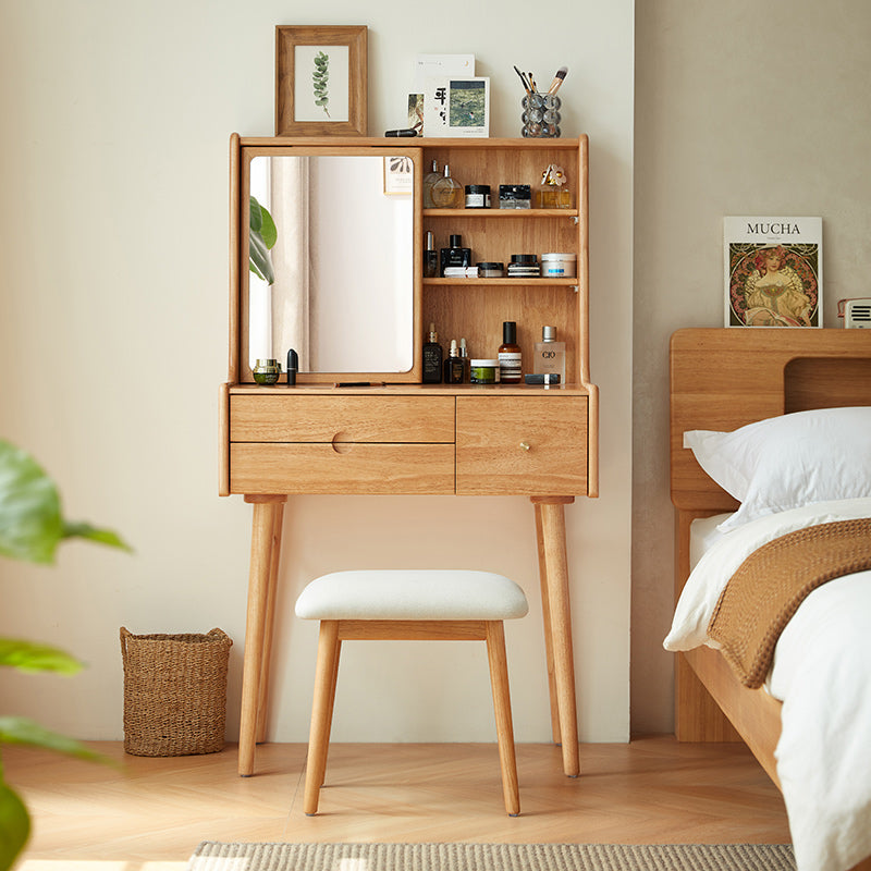 Solid Wood Makeup Table with White Stool Set