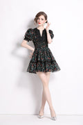 Vintage Floral V Neck Puff Sleeve Tea Dress
